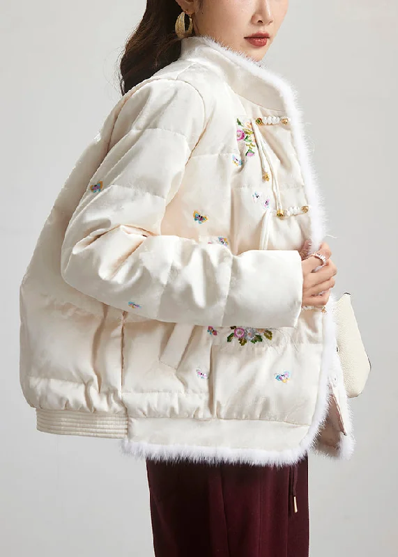 Chinese Style Beige Embroideried Button Duck Down Parka Long Sleeve