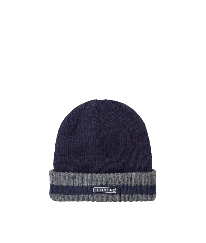 Waterproof Cold Weather Striped Roll Cuff Beanie - Navy